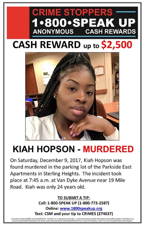 Kiah Hopson unsolved homicide Sterling Heights 2017