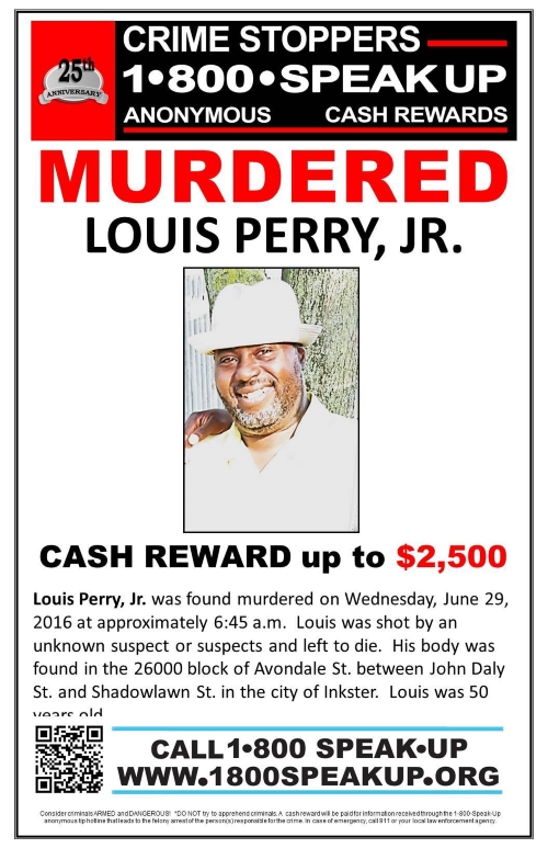 Louis Perry Jr unsolved homicide Inkster Michigan 2016