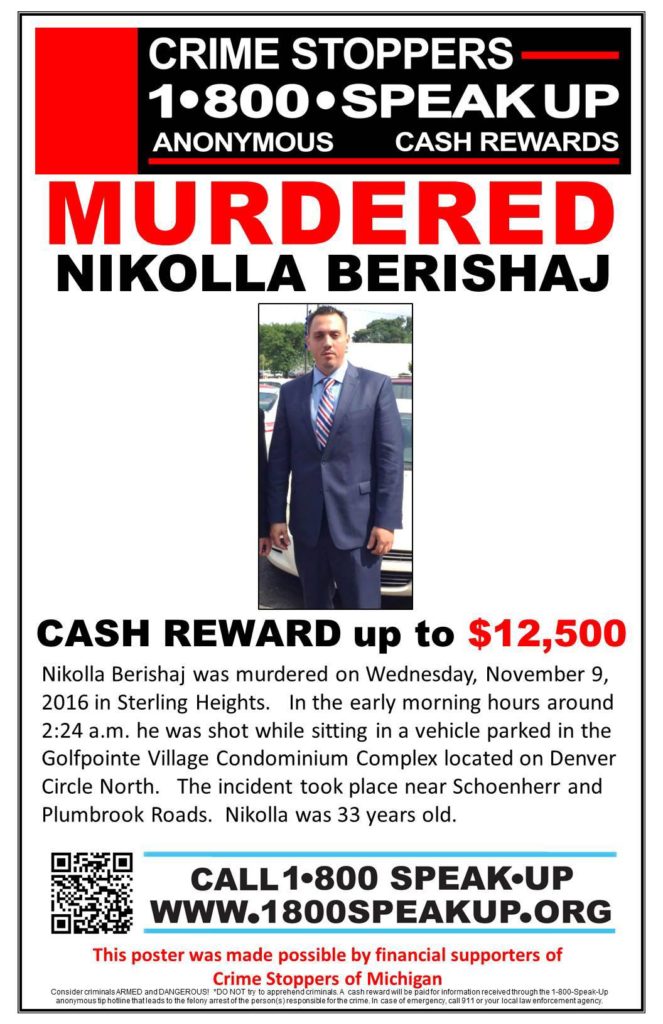 Nikolla Berishaj unsolved homicide 2016 Sterling Heights Michigan