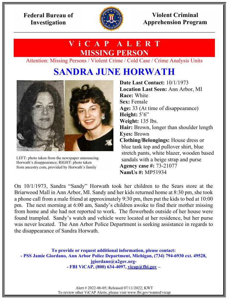Sandra Horwath missing person flyer