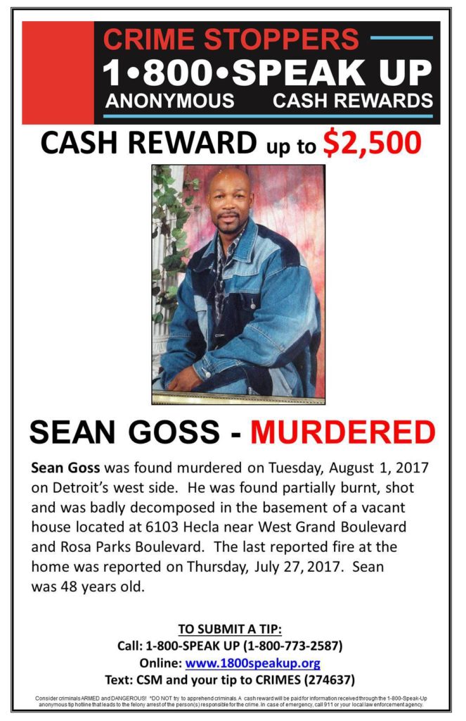 Sean Goss unsolved homicide 2017 Detroit